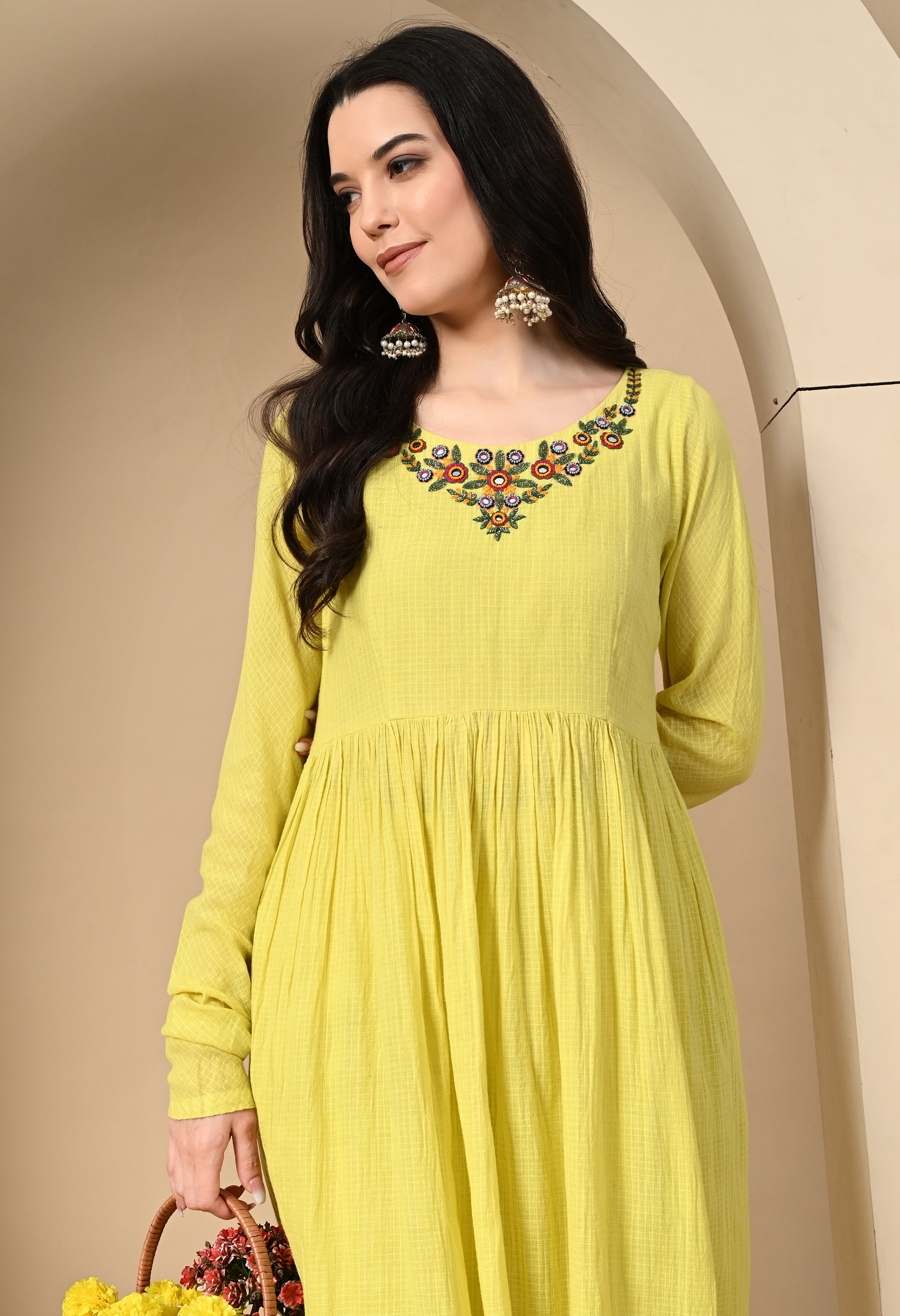 LIME YELLOW KOTTA DORIYA KURTA SET